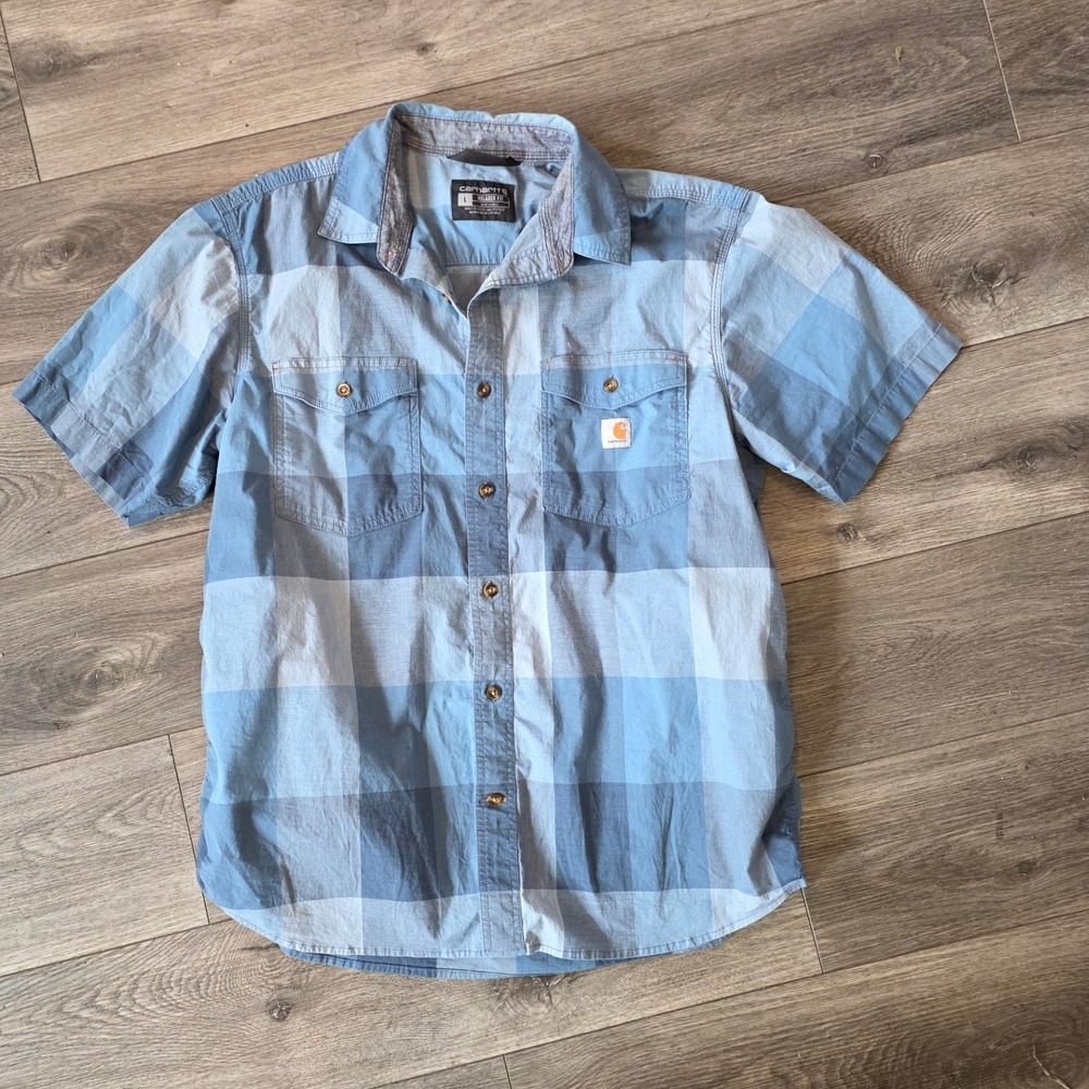 Carhartt Mens L Short Sleeve Button Down Shirt Blue Plaid Rugged Flex Relaxed